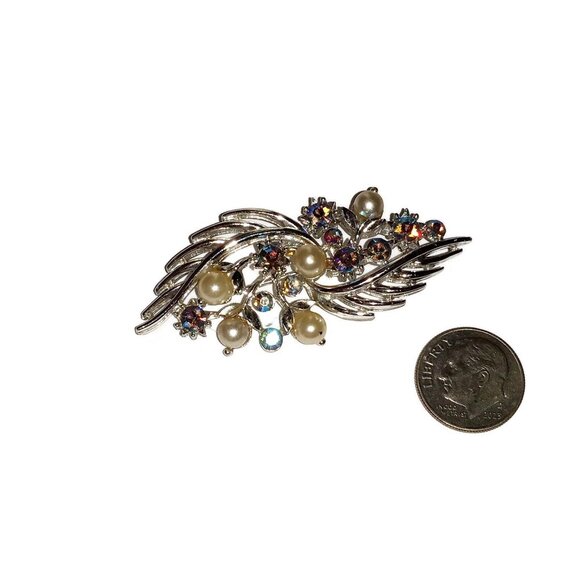 Signed Lisner  Silver Aurora Borealis Rhinestone Brooch 1950's Hollywood Glamour - Picture 3 of 8